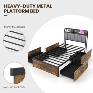 Twin/Full/Queen Bed Frame with LED Lights, Upholstered Headboard and 4 Storage Drawers-Twin size view 6