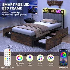 Twin/Full/Queen Bed Frame with LED Lights, Upholstered Headboard and 4 Storage Drawers-Twin size view 7