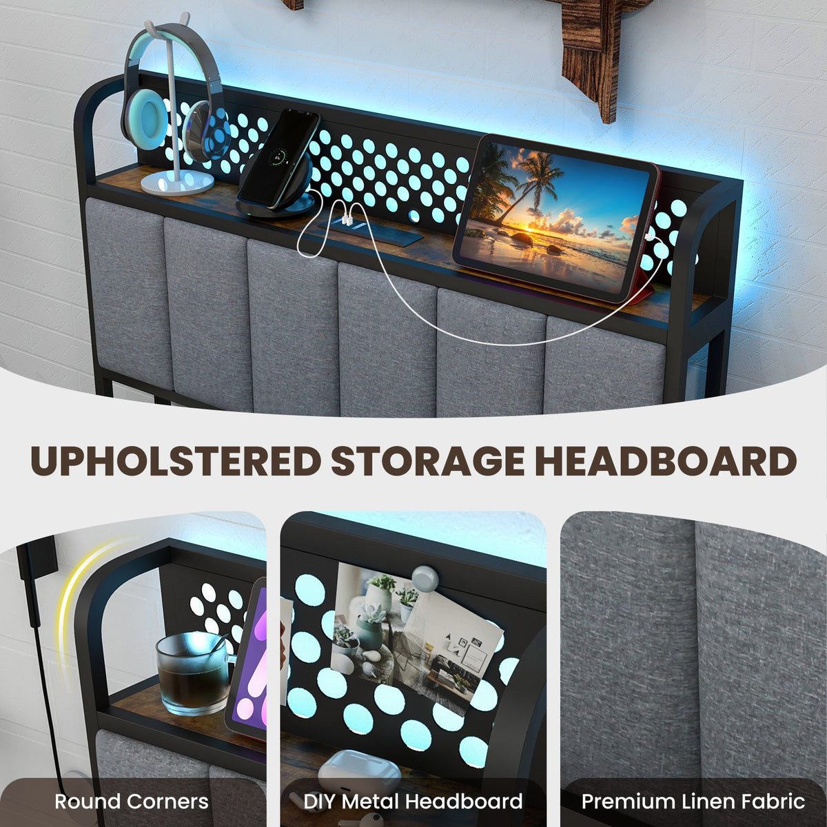 Twin/Full/Queen Bed Frame with LED Lights, Upholstered Headboard and 4 Storage Drawers-Twin size view 8