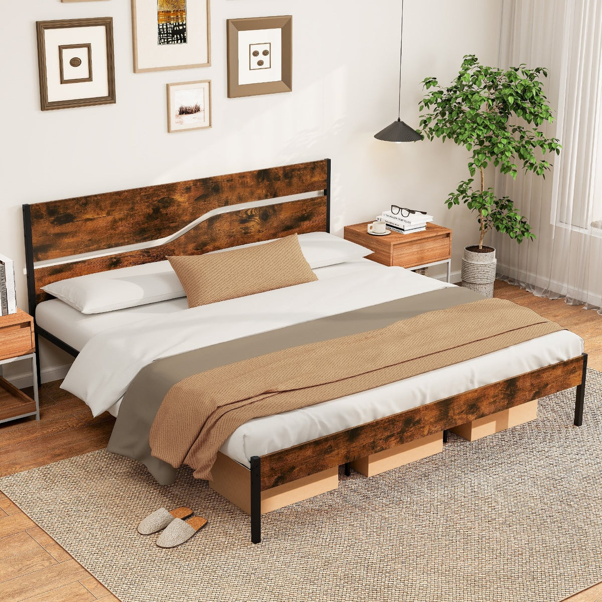 Twin/Full/Queen/King Metal Bed Frame with Wooden Headboard and Footboard-King Size view 3