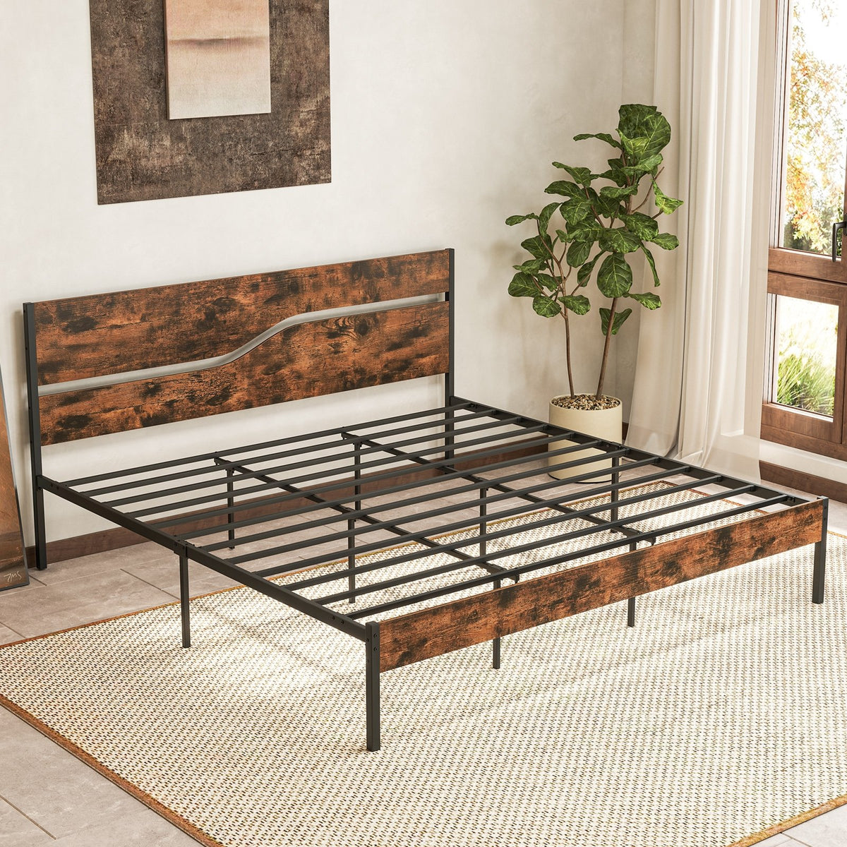 Twin/Full/Queen/King Metal Bed Frame with Wooden Headboard and Footboard-King Size view 6