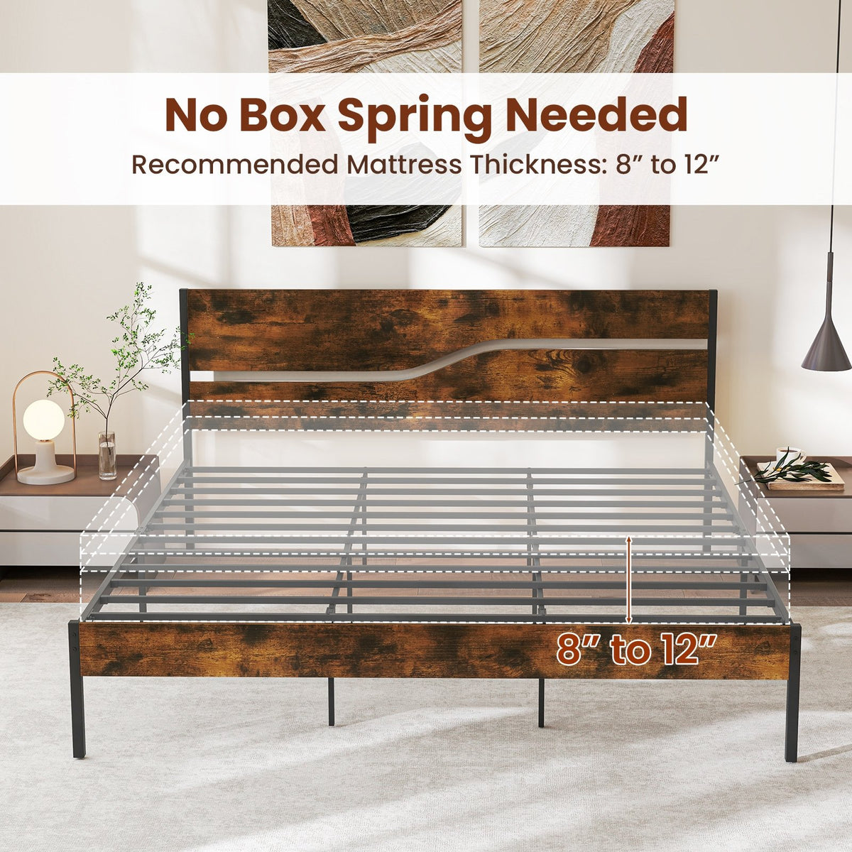 Twin/Full/Queen/King Metal Bed Frame with Wooden Headboard and Footboard-King Size view 8