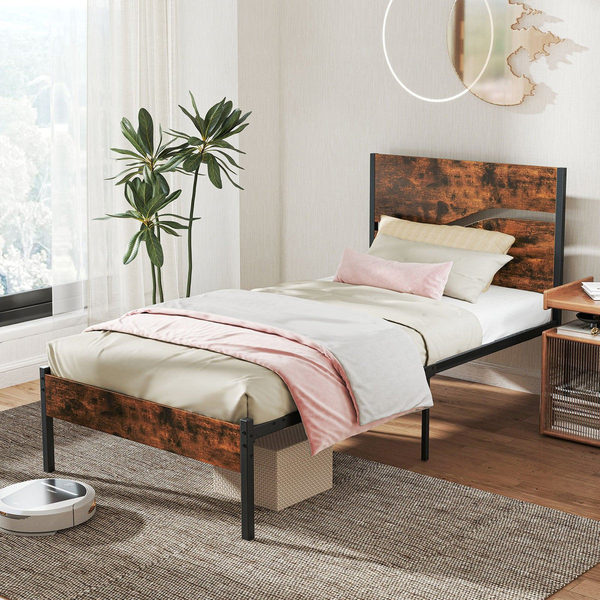 Twin/Full/Queen/King Metal Bed Frame with Wooden Headboard and Footboard-Twin Size view 2