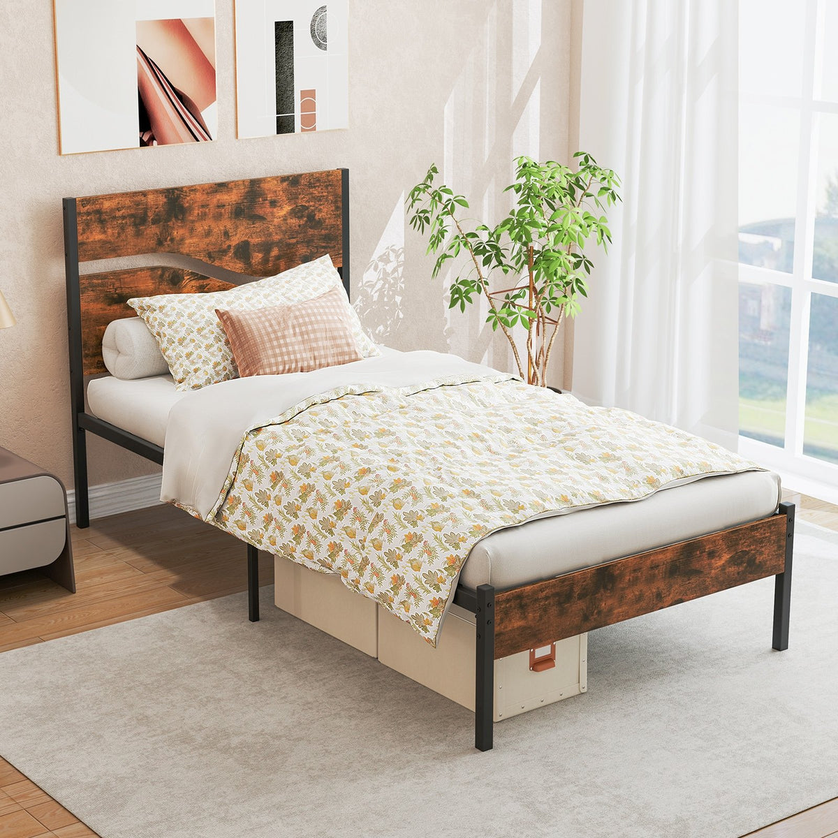 Twin/Full/Queen/King Metal Bed Frame with Wooden Headboard and Footboard-Twin Size view 3