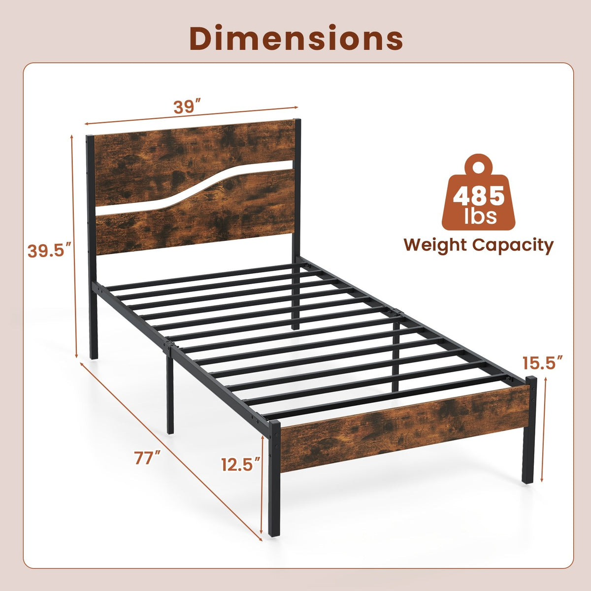 Twin/Full/Queen/King Metal Bed Frame with Wooden Headboard and Footboard-Twin Size view 5