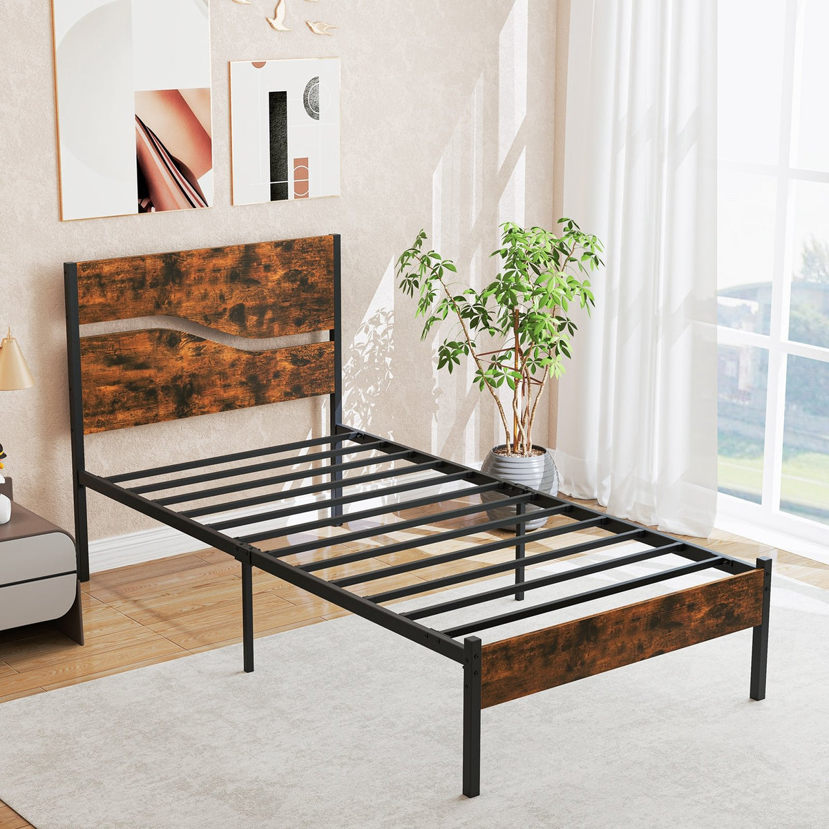 Twin/Full/Queen/King Metal Bed Frame with Wooden Headboard and Footboard-Twin Size view 7