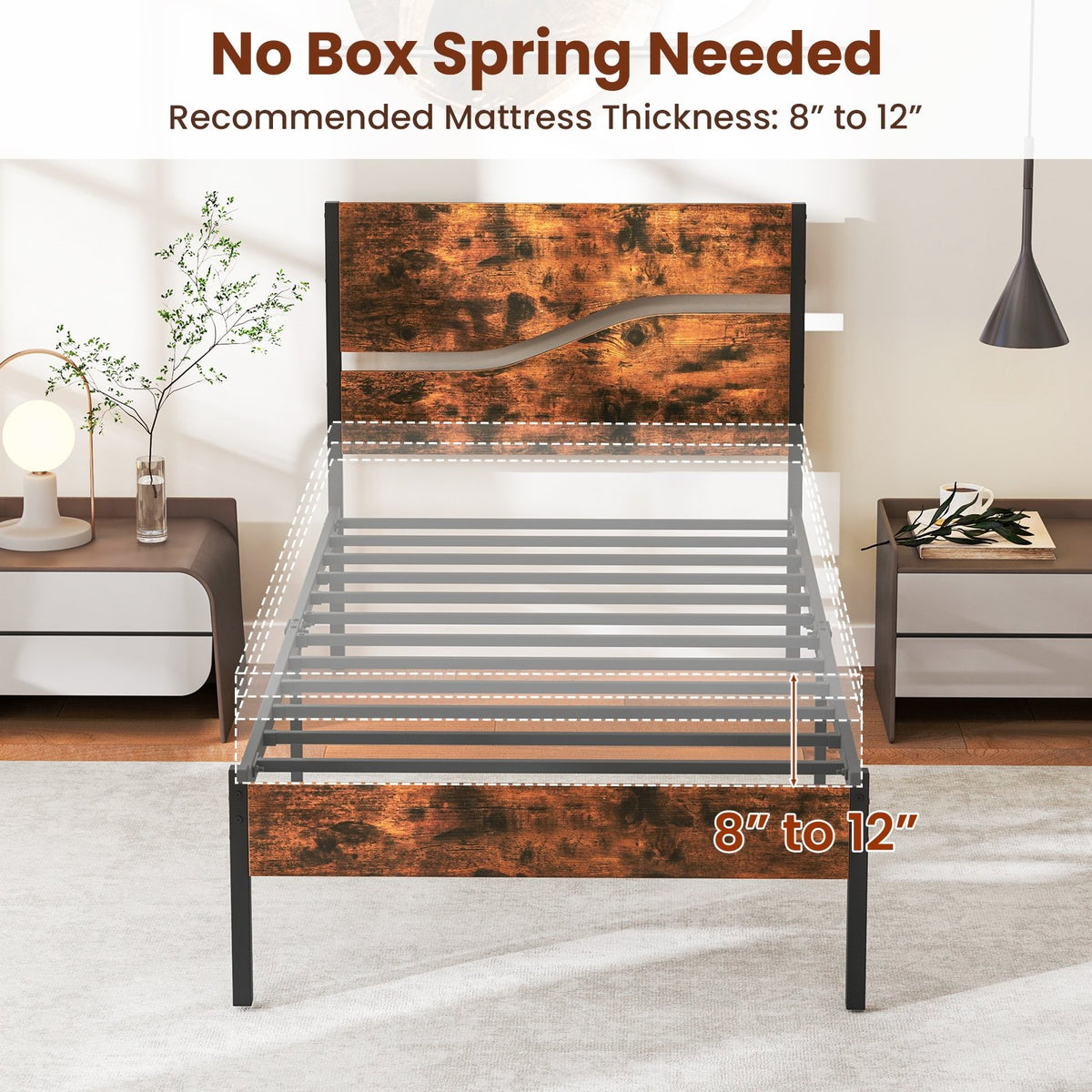 Twin/Full/Queen/King Metal Bed Frame with Wooden Headboard and Footboard-Twin Size view 8