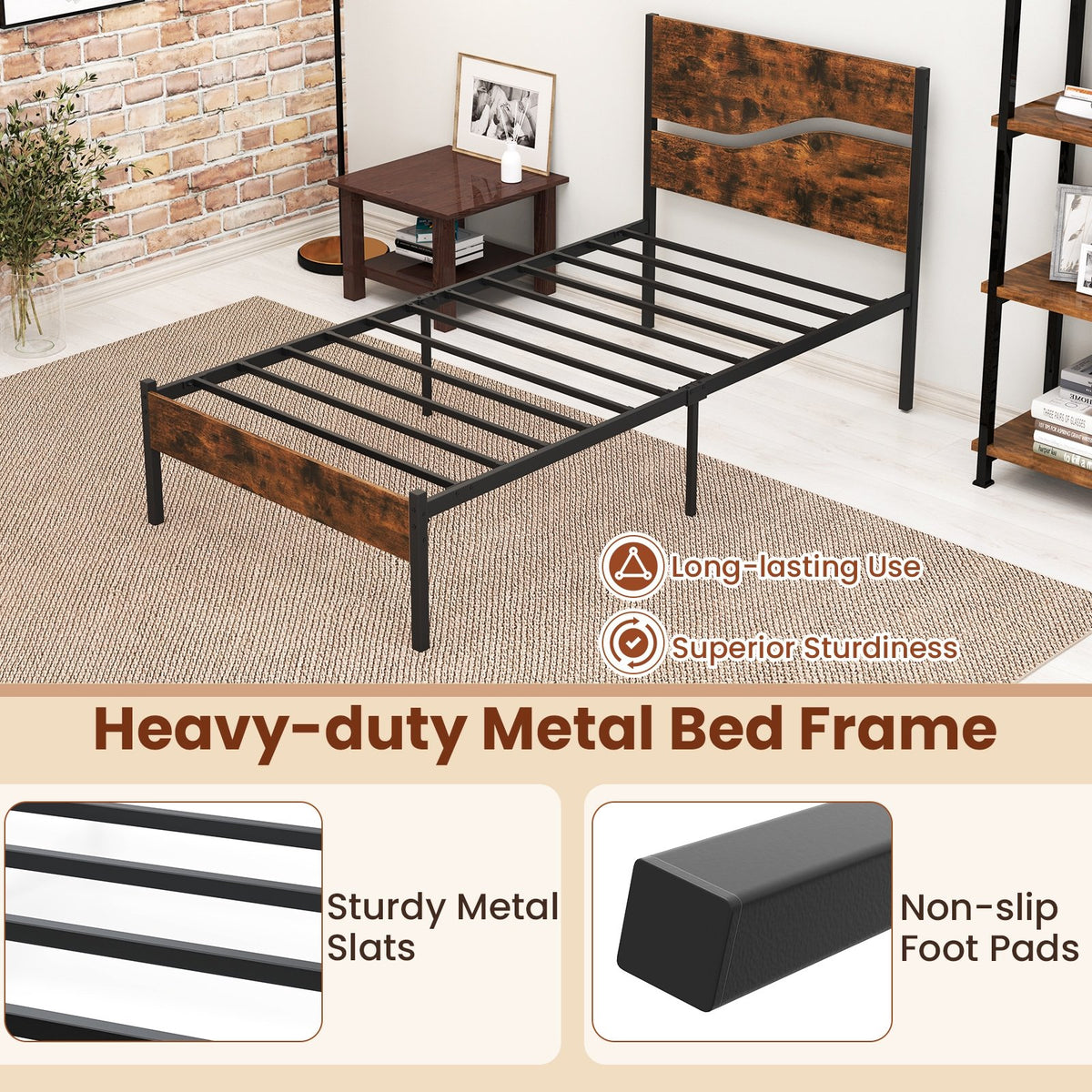 Twin/Full/Queen/King Metal Bed Frame with Wooden Headboard and Footboard-Twin Size view 9