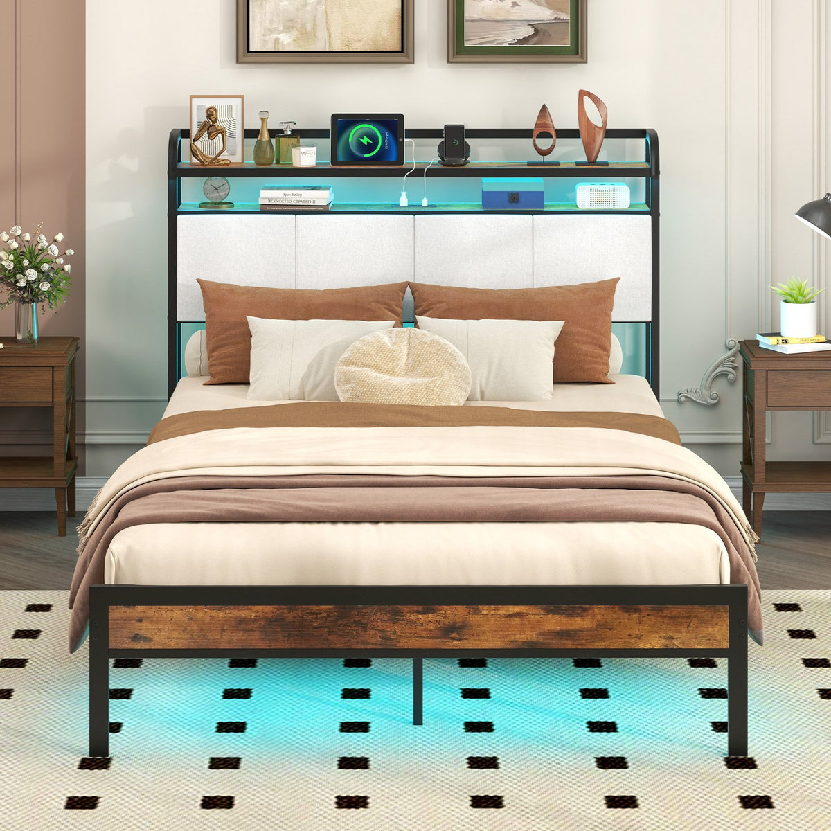 Twin/Full/Queen/King Size Bed Frame with LED Light and Charging Station-Full Size view 3
