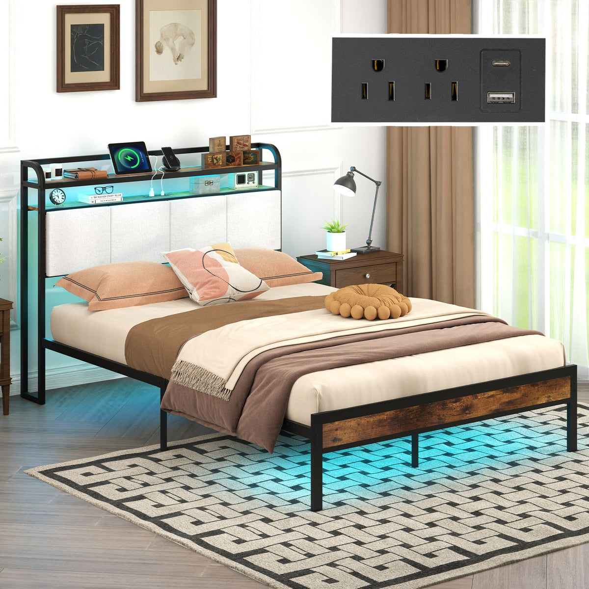 Twin/Full/Queen/King Size Bed Frame with LED Light and Charging Station-Full Size view 5