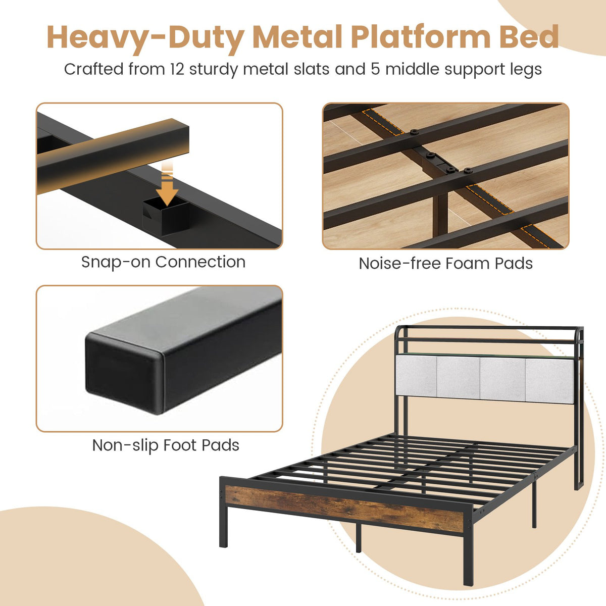 Twin/Full/Queen/King Size Bed Frame with LED Light and Charging Station-Full Size view 7