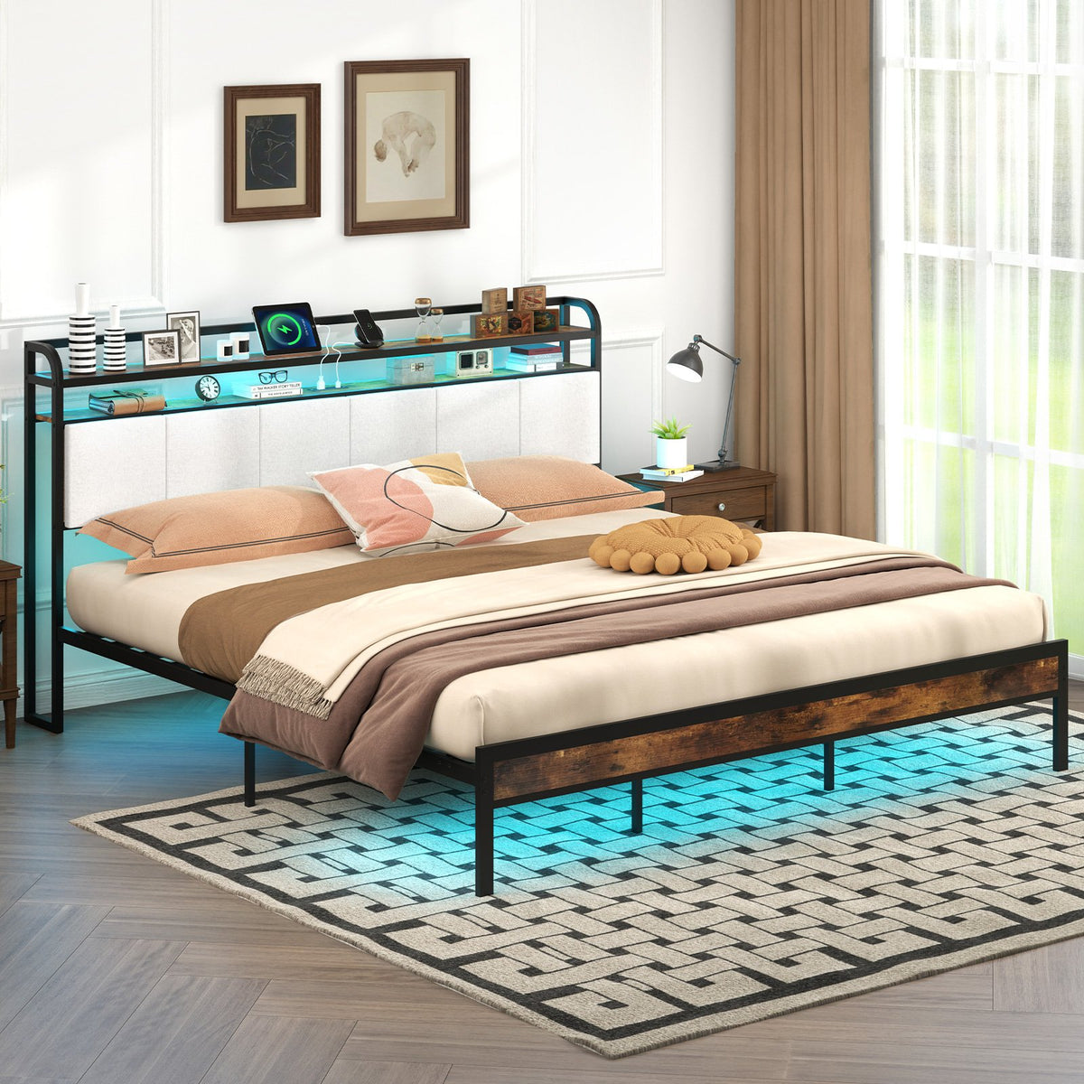Twin/Full/Queen/King Size Bed Frame with LED Light and Charging Station-King Size view 2