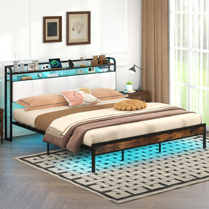 Twin/Full/Queen/King Size Bed Frame with LED Light and Charging Station-King Size view 2