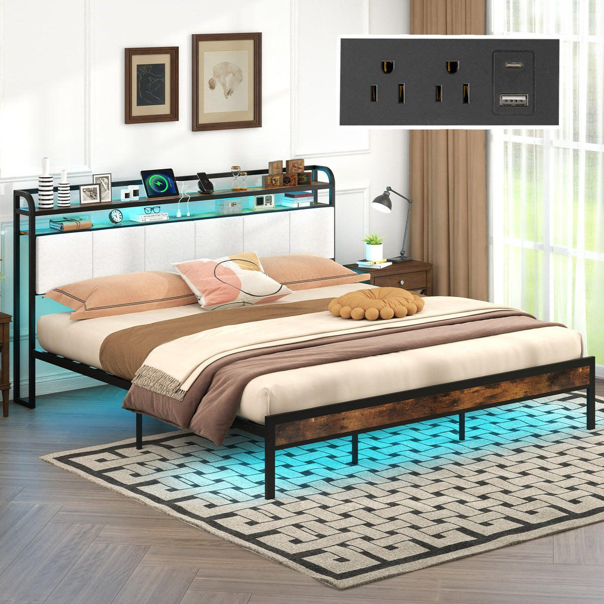 Twin/Full/Queen/King Size Bed Frame with LED Light and Charging Station-King Size view 5
