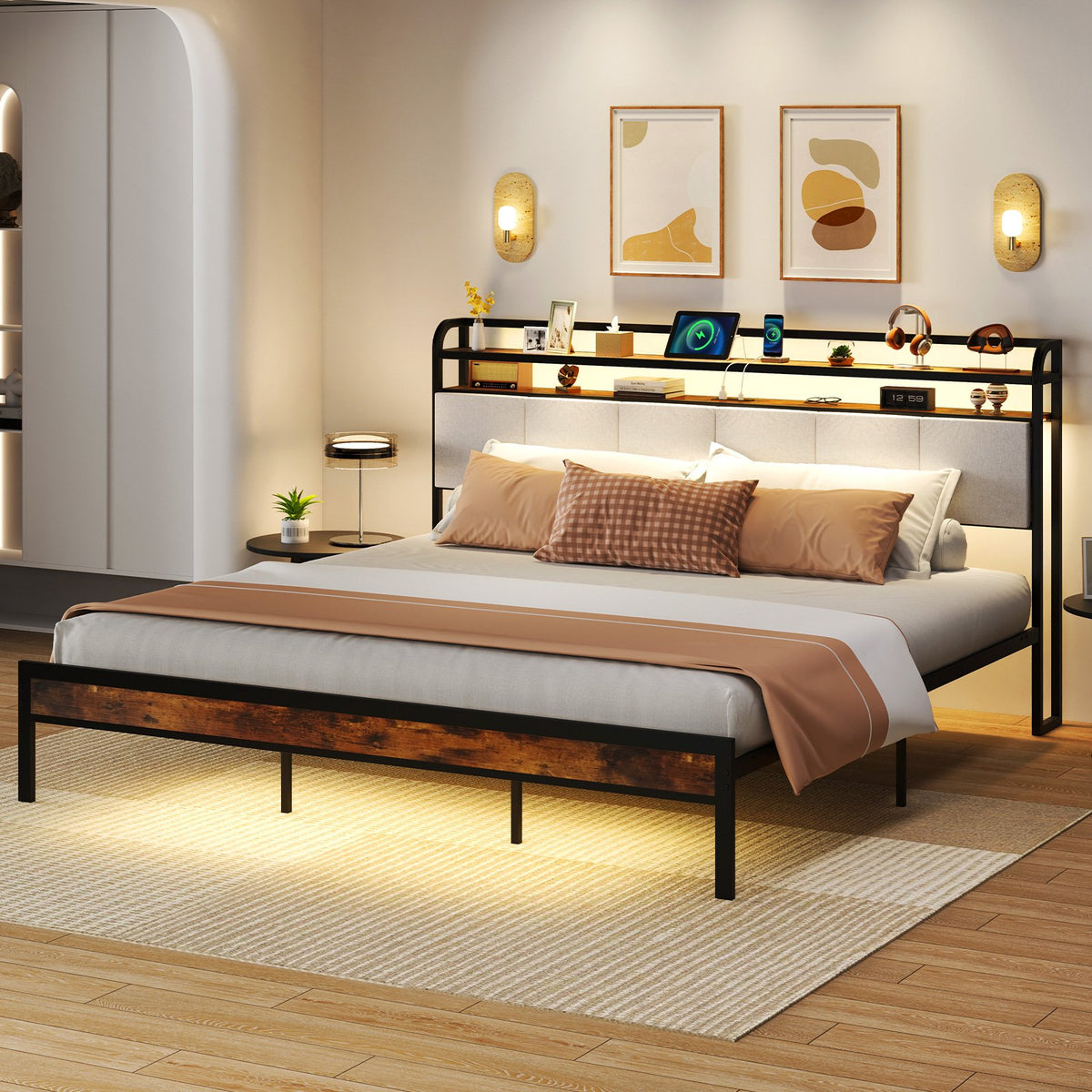 Twin/Full/Queen/King Size Bed Frame with LED Light and Charging Station-King Size view 6