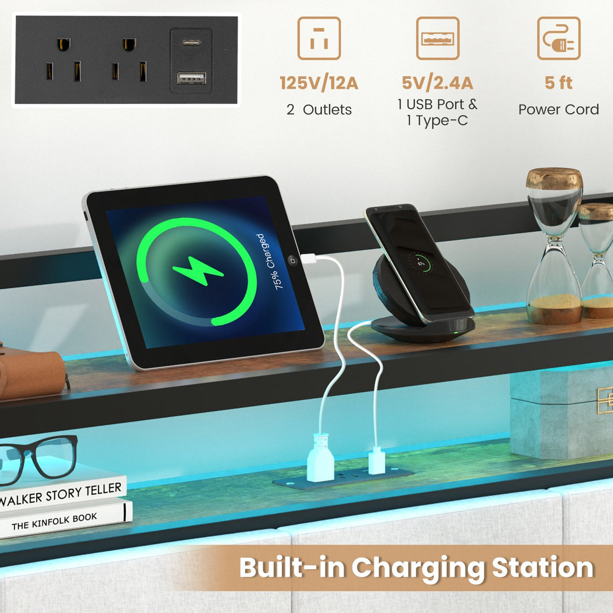 Twin/Full/Queen/King Size Bed Frame with LED Light and Charging Station-King Size view 8
