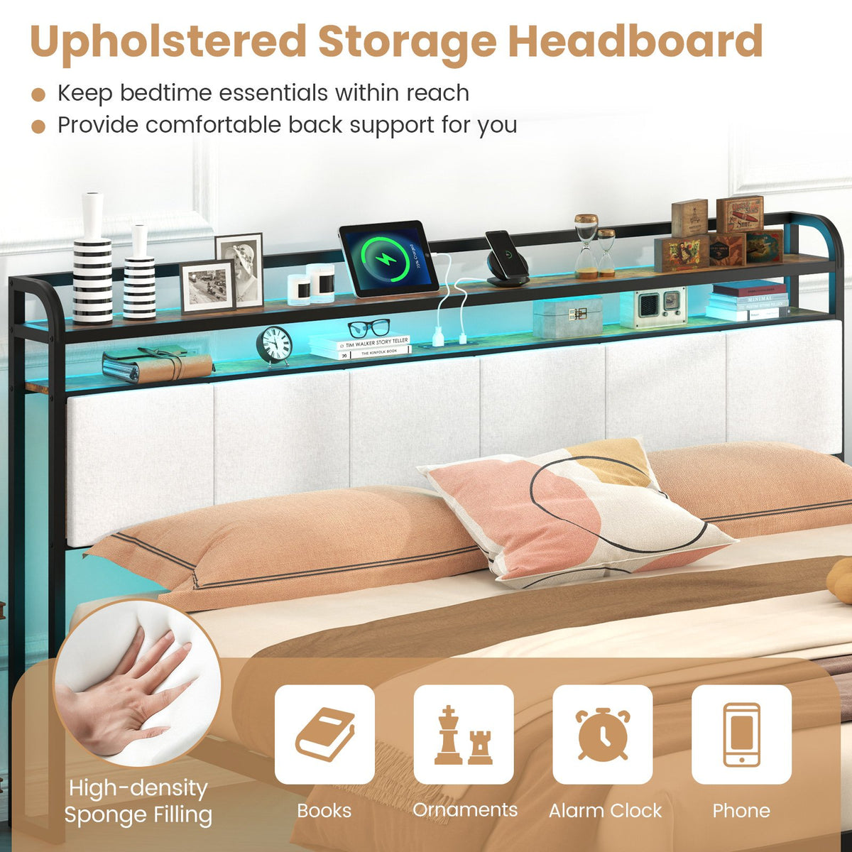 Twin/Full/Queen/King Size Bed Frame with LED Light and Charging Station-King Size view 9