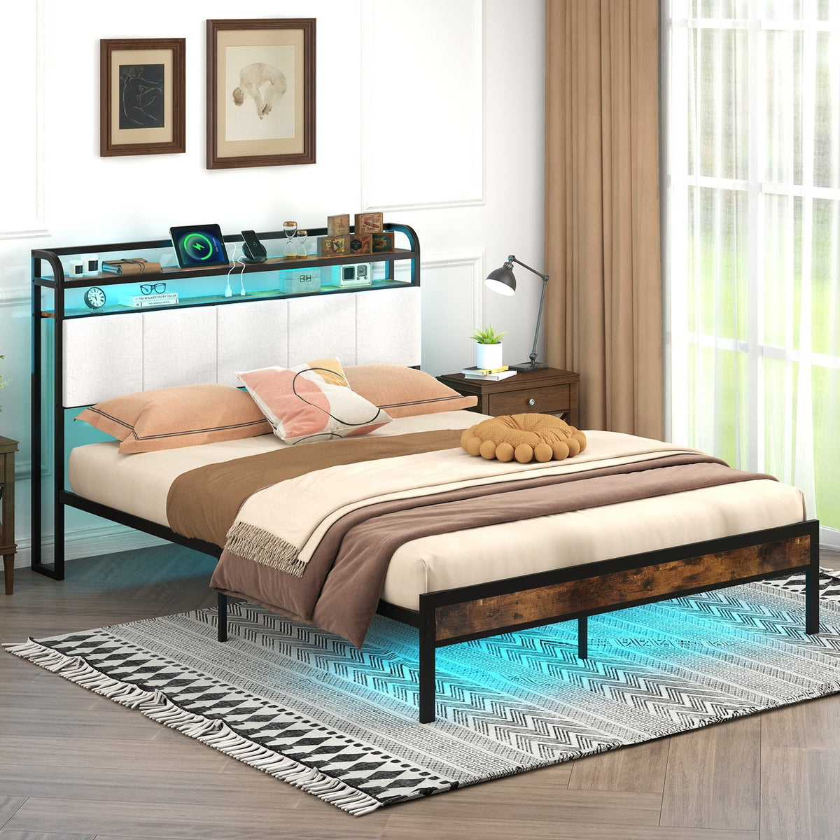 Twin/Full/Queen/King Size Bed Frame with LED Light and Charging Station-Queen Size view 2