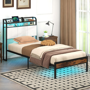 Twin/Full/Queen/King Size Bed Frame with LED Light and Charging Station-Twin Size view 2