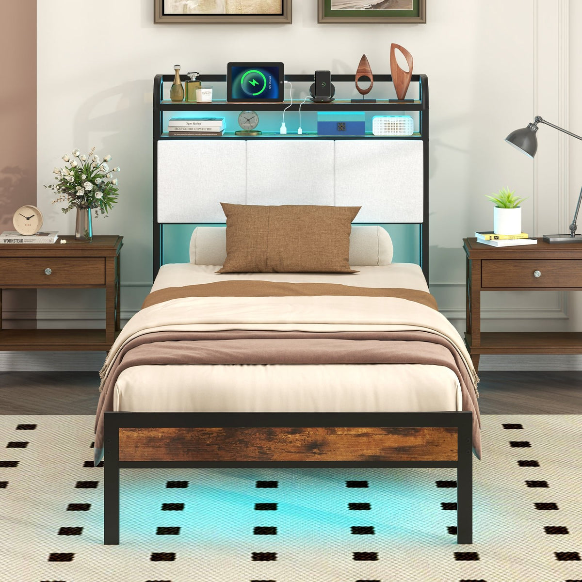 Twin/Full/Queen/King Size Bed Frame with LED Light and Charging Station-Twin Size view 3