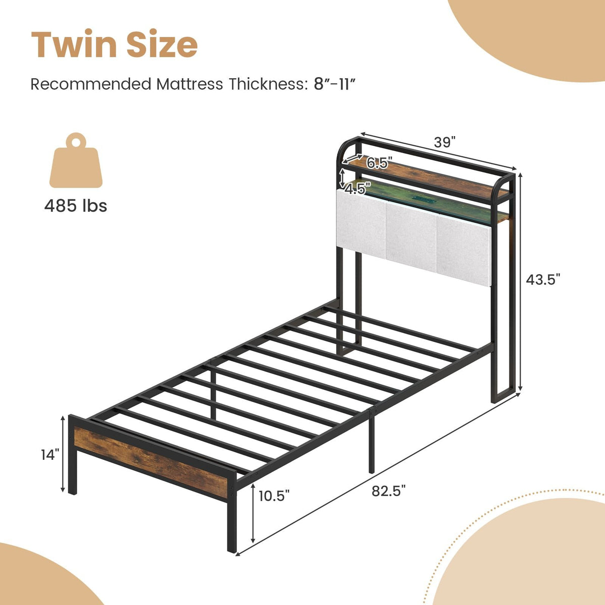 Twin/Full/Queen/King Size Bed Frame with LED Light and Charging Station-Twin Size view 4