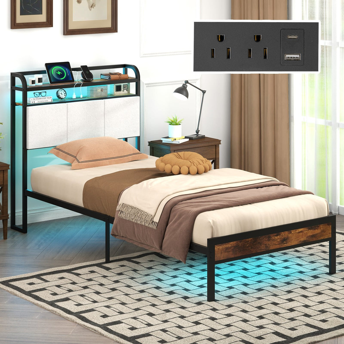 Twin/Full/Queen/King Size Bed Frame with LED Light and Charging Station-Twin Size view 5