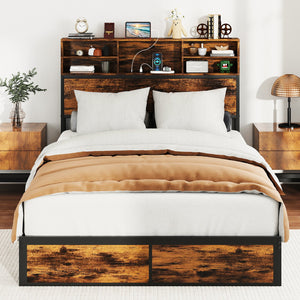 Twin/Full/Queen/King Size Bed Frame with Storage Headboard Industrial Metal Platform Bed-Full Size view 3