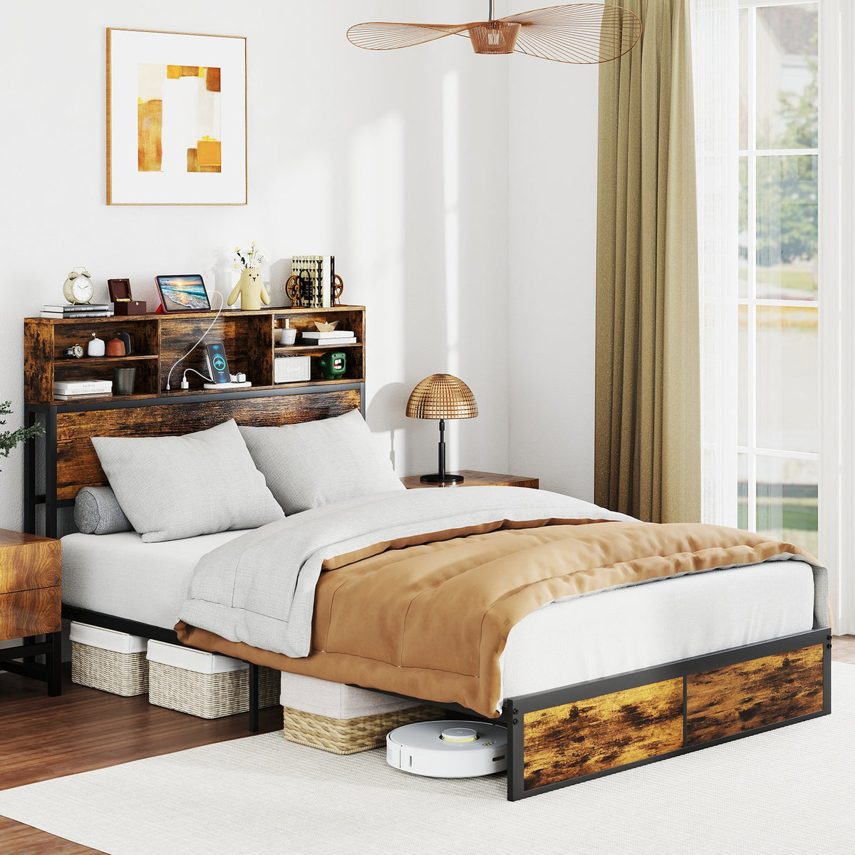 Twin/Full/Queen/King Size Bed Frame with Storage Headboard Industrial Metal Platform Bed-Full Size view 4