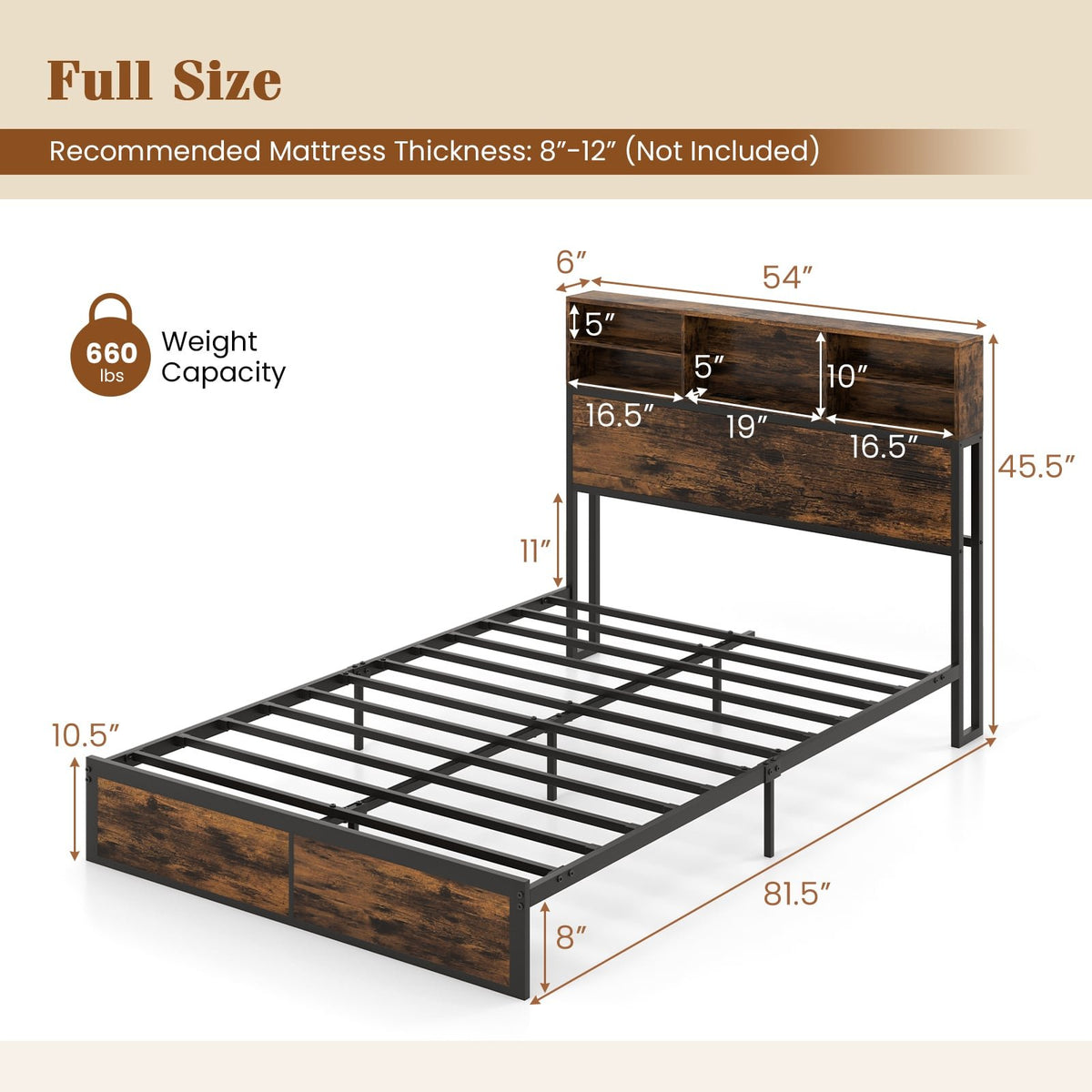 Twin/Full/Queen/King Size Bed Frame with Storage Headboard Industrial Metal Platform Bed-Full Size view 5