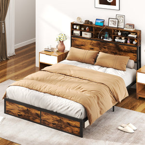 Twin/Full/Queen/King Size Bed Frame with Storage Headboard Industrial Metal Platform Bed-Queen Size view 2