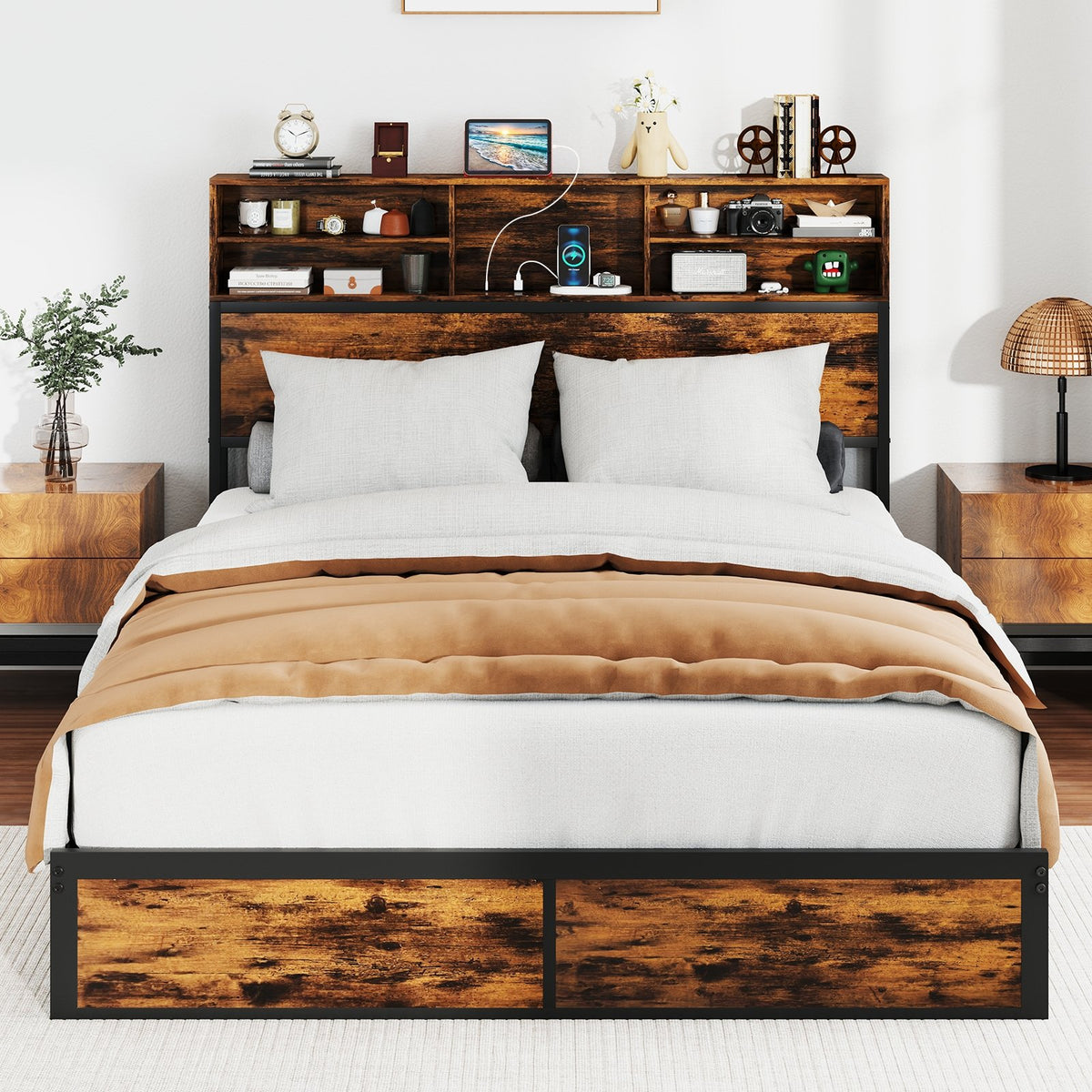Twin/Full/Queen/King Size Bed Frame with Storage Headboard Industrial Metal Platform Bed-Queen Size view 3