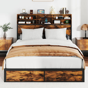 Twin/Full/Queen/King Size Bed Frame with Storage Headboard Industrial Metal Platform Bed-Queen Size view 3