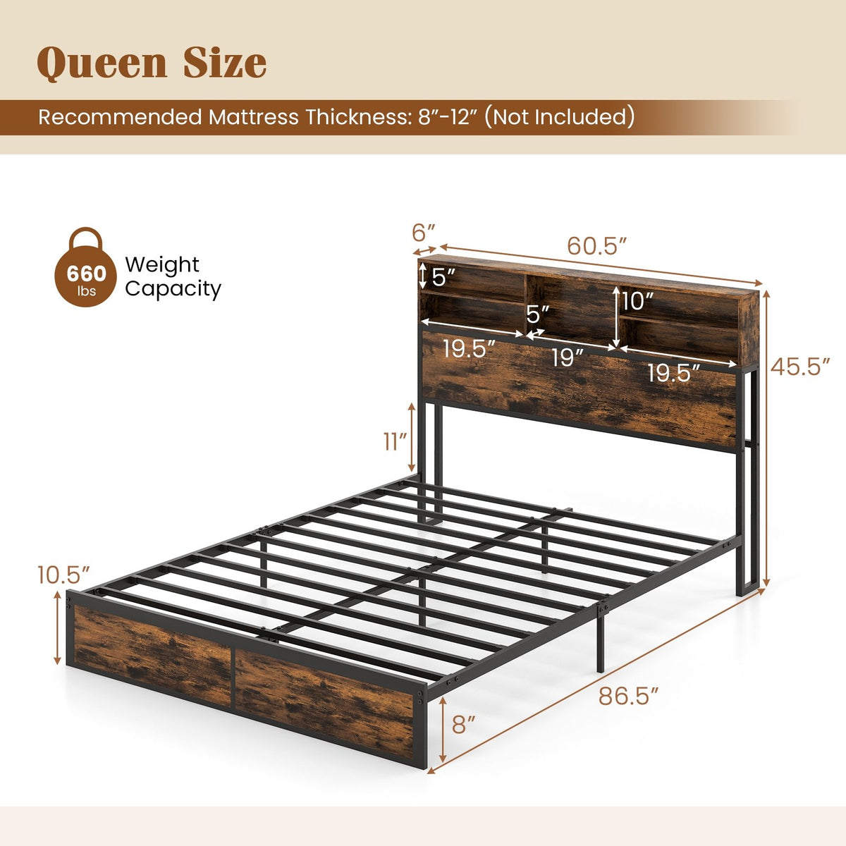 Twin/Full/Queen/King Size Bed Frame with Storage Headboard Industrial Metal Platform Bed-Queen Size view 4