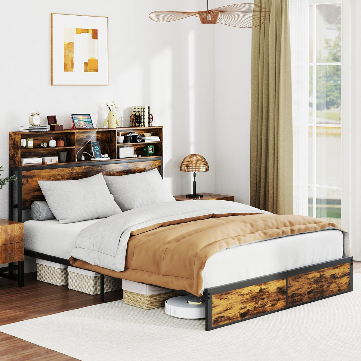 Twin/Full/Queen/King Size Bed Frame with Storage Headboard Industrial Metal Platform Bed-Queen Size view 5
