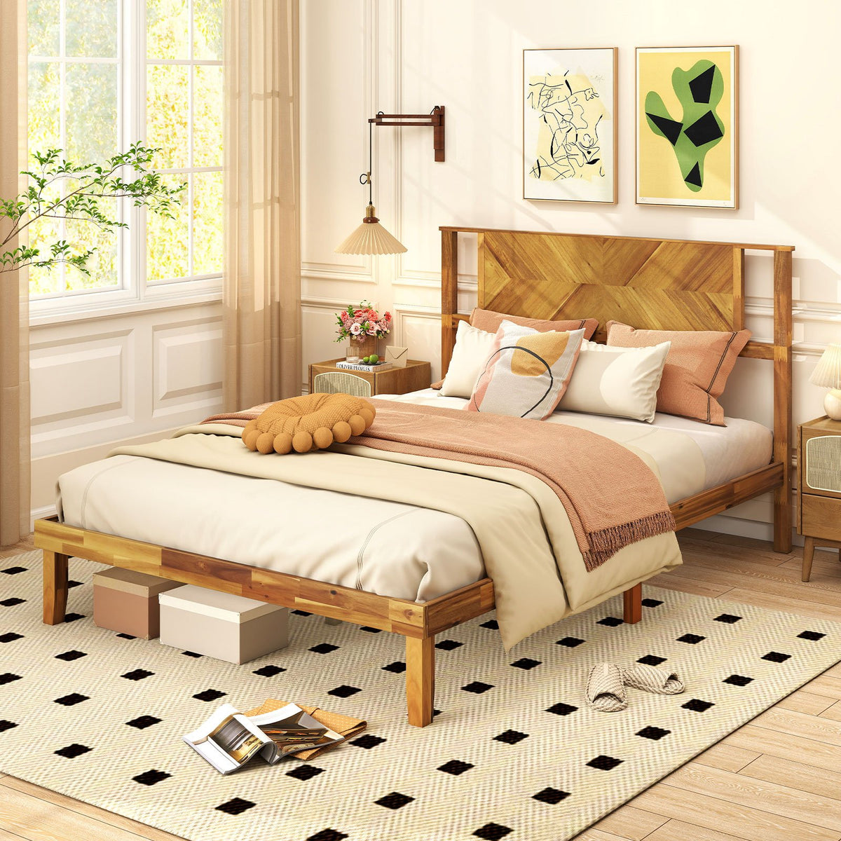 Twin/Full/Queen Size Bed Frame Mid-Century Acacia Wood Platform Bed with Headboard-Full Size view 2