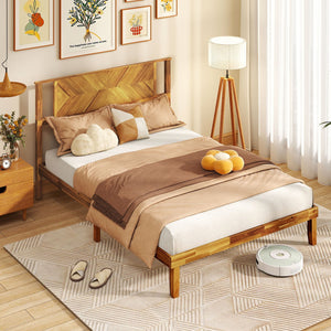 Twin/Full/Queen Size Bed Frame Mid-Century Acacia Wood Platform Bed with Headboard-Full Size view 3