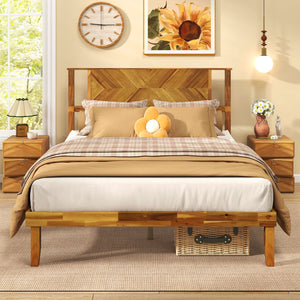 Twin/Full/Queen Size Bed Frame Mid-Century Acacia Wood Platform Bed with Headboard-Full Size view 5