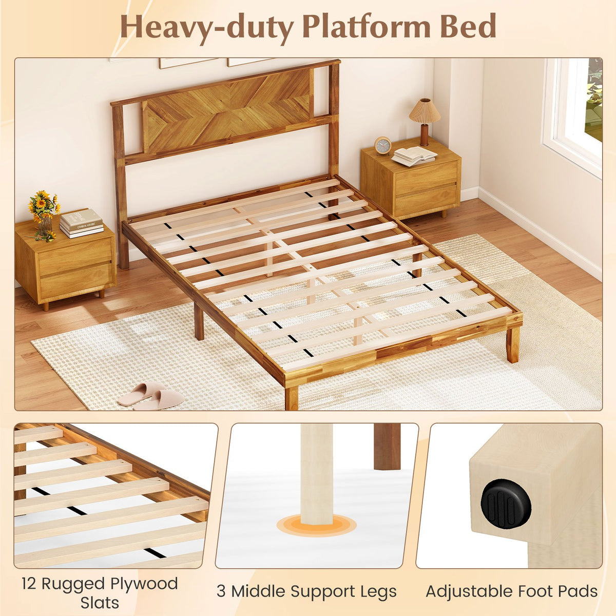 Twin/Full/Queen Size Bed Frame Mid-Century Acacia Wood Platform Bed with Headboard-Full Size view 7
