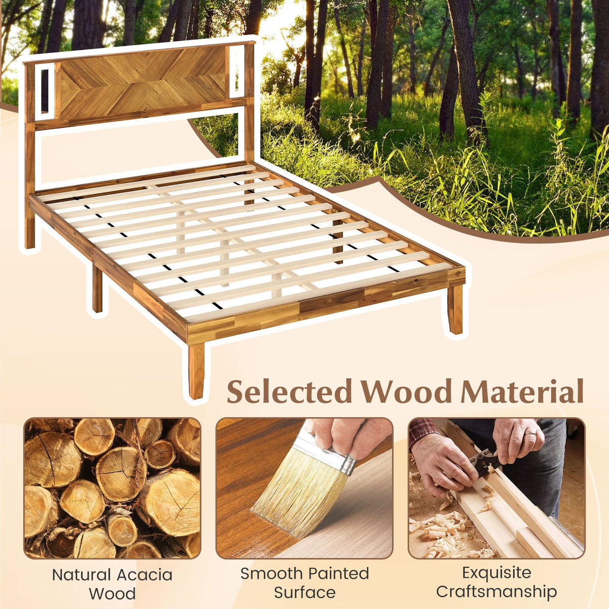 Twin/Full/Queen Size Bed Frame Mid-Century Acacia Wood Platform Bed with Headboard-Full Size view 8