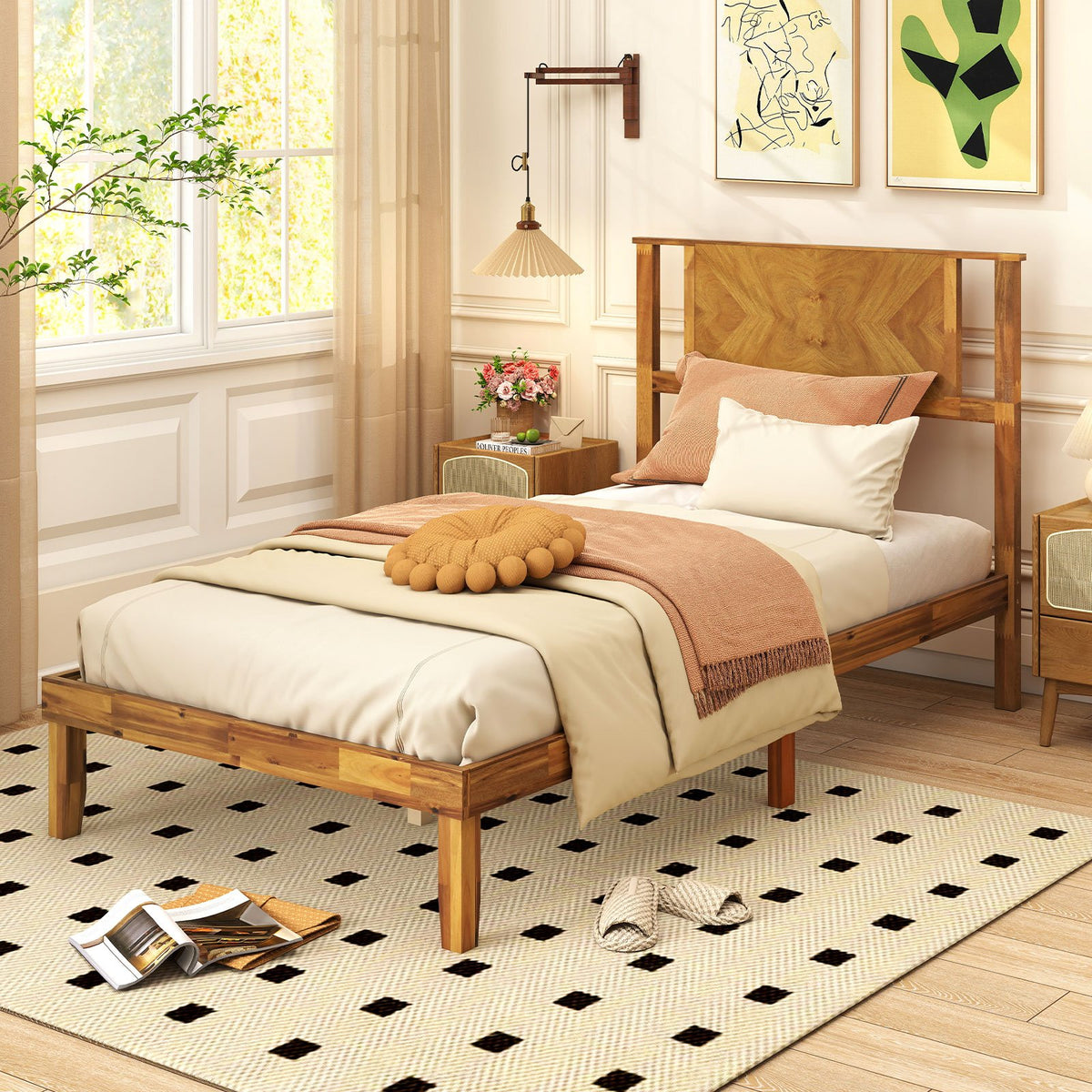 Twin/Full/Queen Size Bed Frame Mid-Century Acacia Wood Platform Bed with Headboard-Twin Size view 2