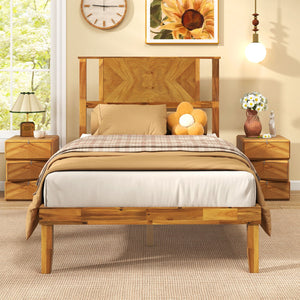 Twin/Full/Queen Size Bed Frame Mid-Century Acacia Wood Platform Bed with Headboard-Twin Size view 3