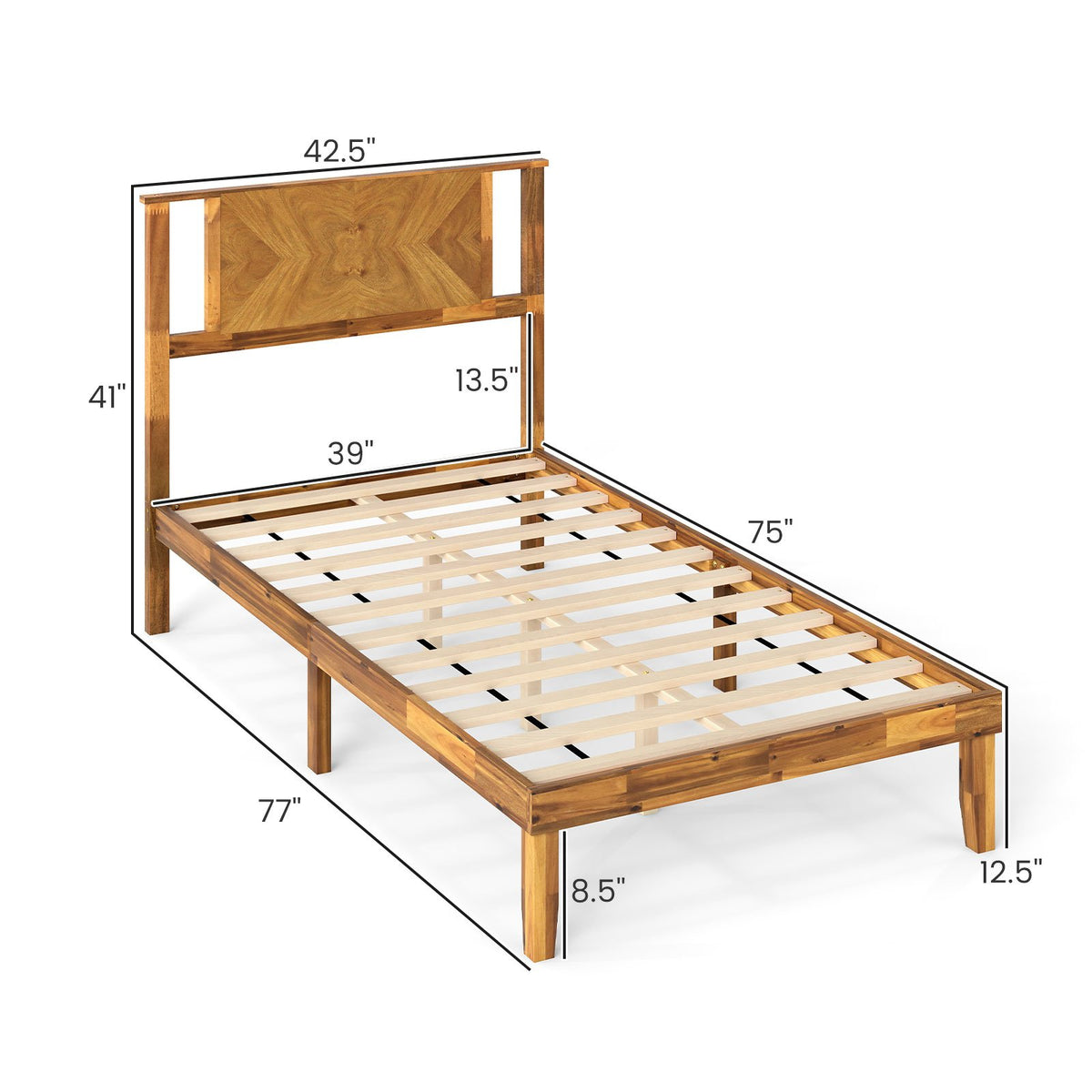 Twin/Full/Queen Size Bed Frame Mid-Century Acacia Wood Platform Bed with Headboard-Twin Size view 4
