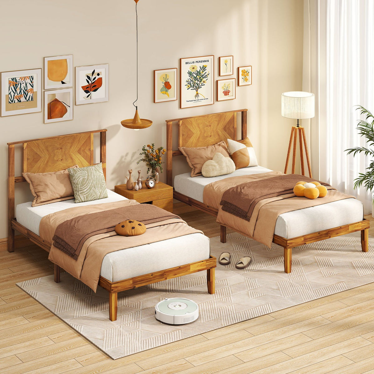 Twin/Full/Queen Size Bed Frame Mid-Century Acacia Wood Platform Bed with Headboard-Twin Size view 5