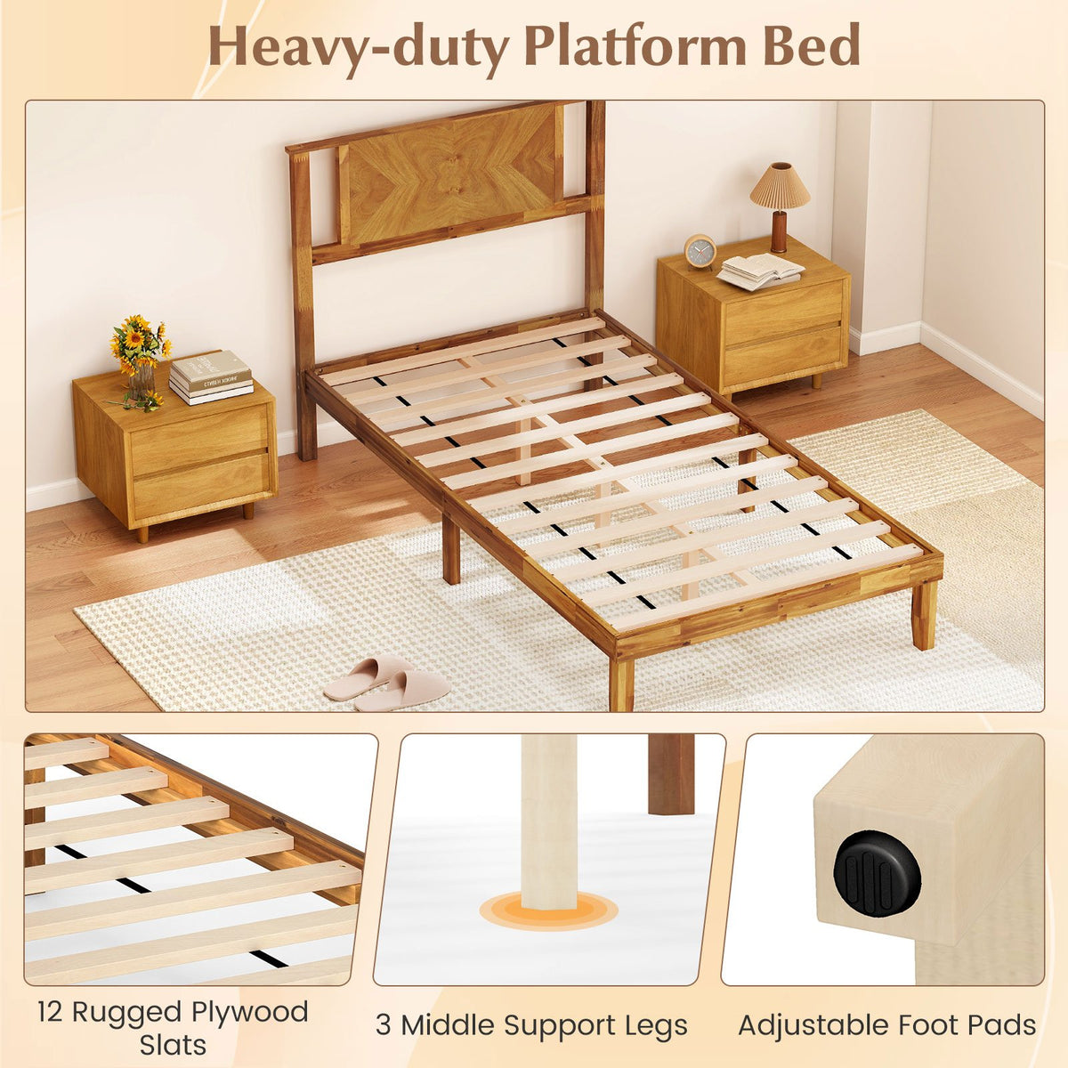 Twin/Full/Queen Size Bed Frame Mid-Century Acacia Wood Platform Bed with Headboard-Twin Size view 6