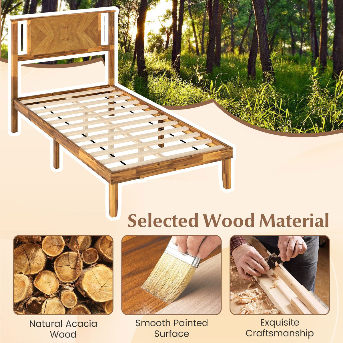 Twin/Full/Queen Size Bed Frame Mid-Century Acacia Wood Platform Bed with Headboard-Twin Size view 7