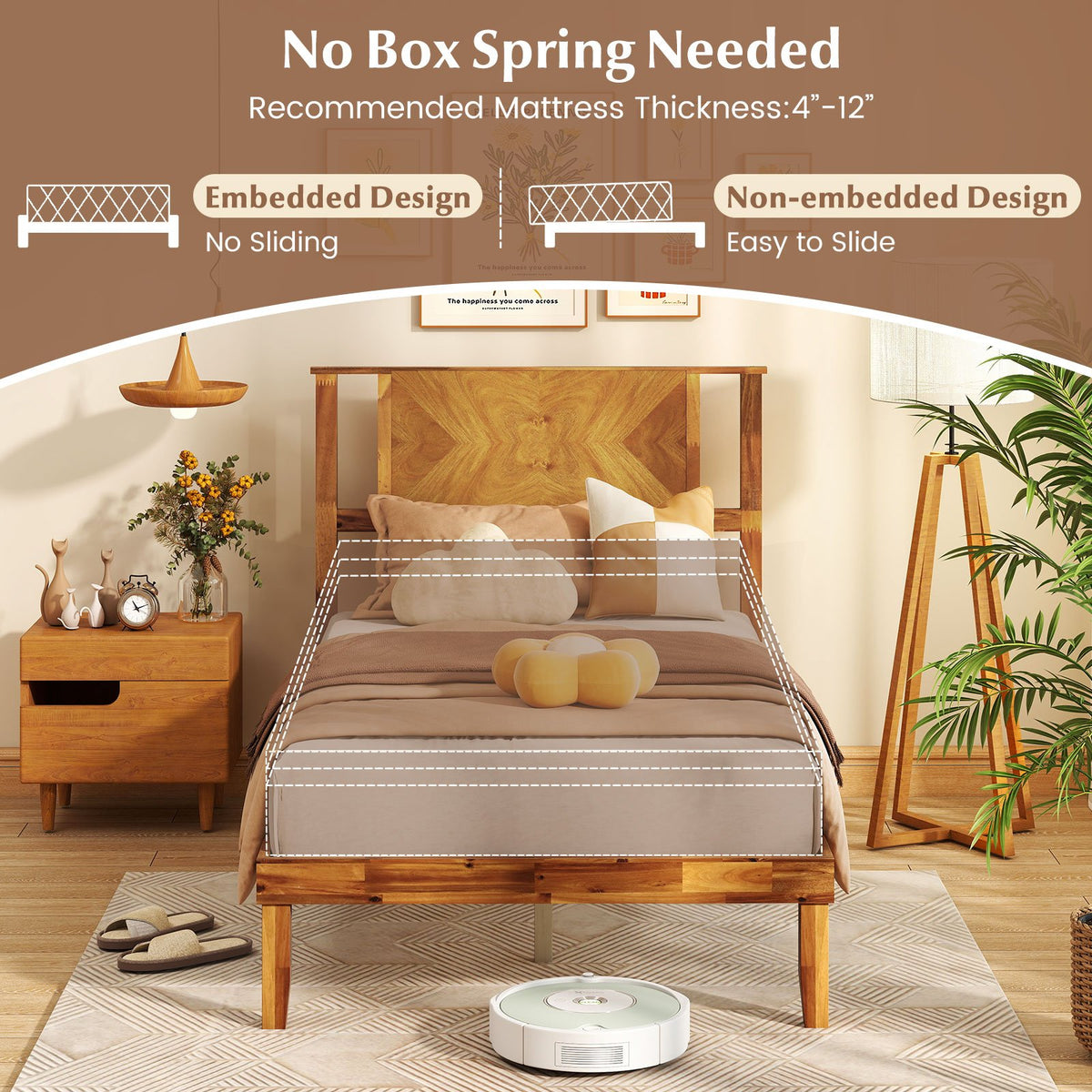 Twin/Full/Queen Size Bed Frame Mid-Century Acacia Wood Platform Bed with Headboard-Twin Size view 9