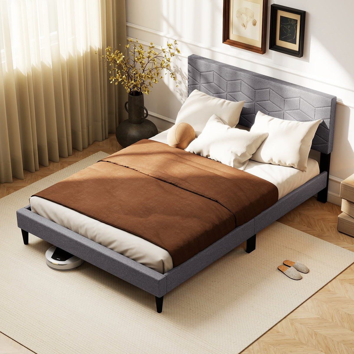 Twin/Full/Queen Size Bed Frame Modern Platform Bed with Linen Fabric Upholstered Headboard-Full view 3