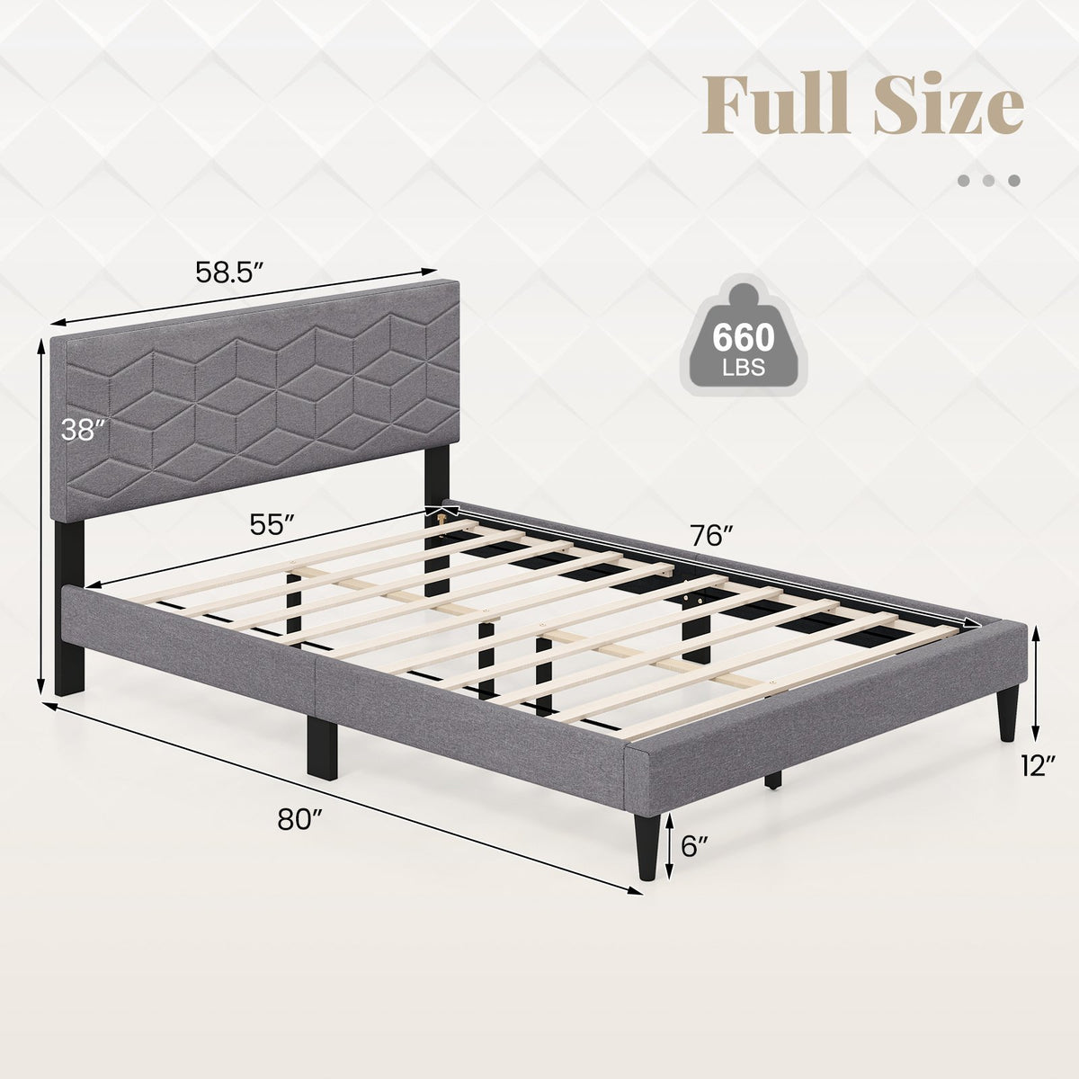 Twin/Full/Queen Size Bed Frame Modern Platform Bed with Linen Fabric Upholstered Headboard-Full view 5