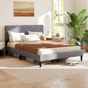 Twin/Full/Queen Size Bed Frame Modern Platform Bed with Linen Fabric Upholstered Headboard-Full view 7