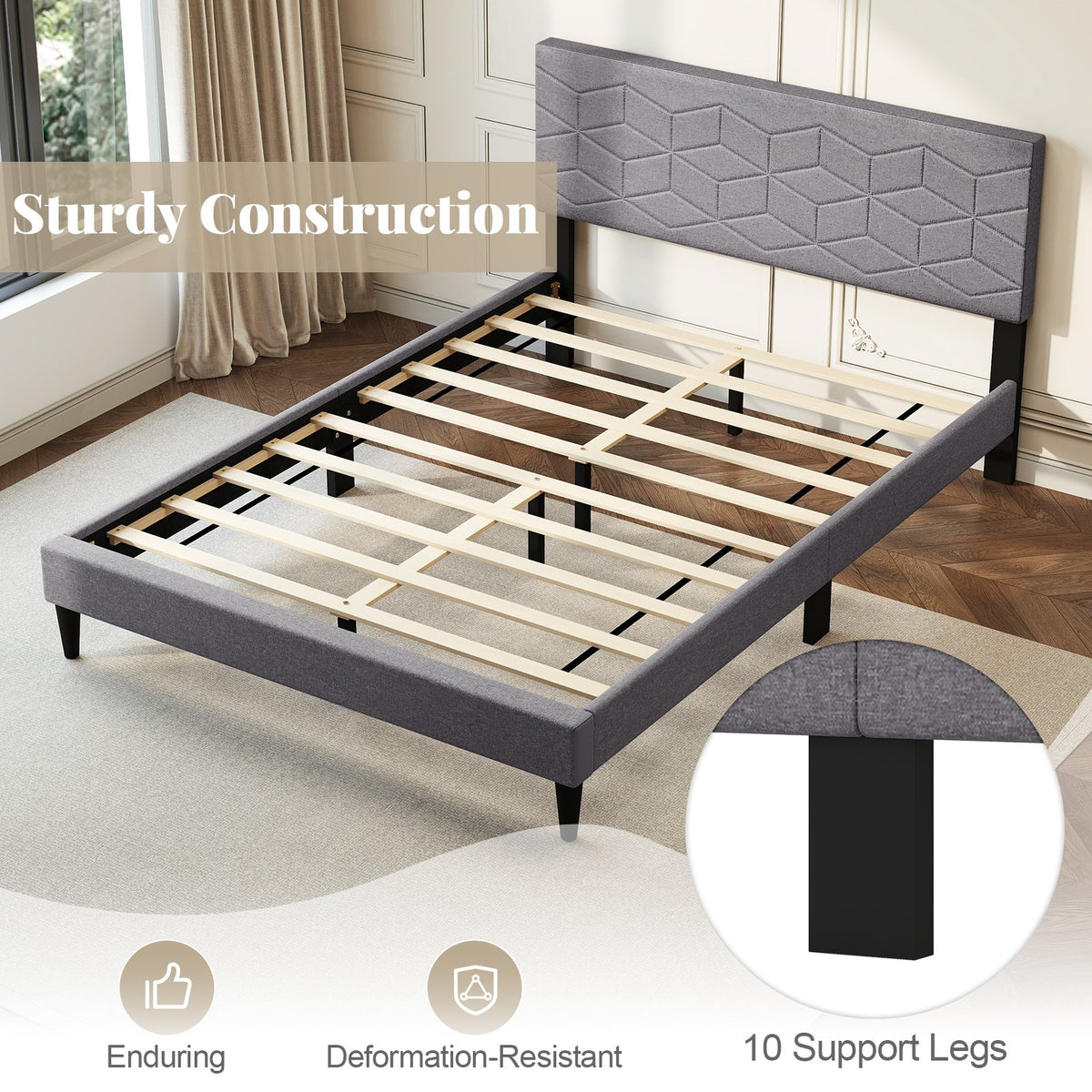 Twin/Full/Queen Size Bed Frame Modern Platform Bed with Linen Fabric Upholstered Headboard-Full view 8